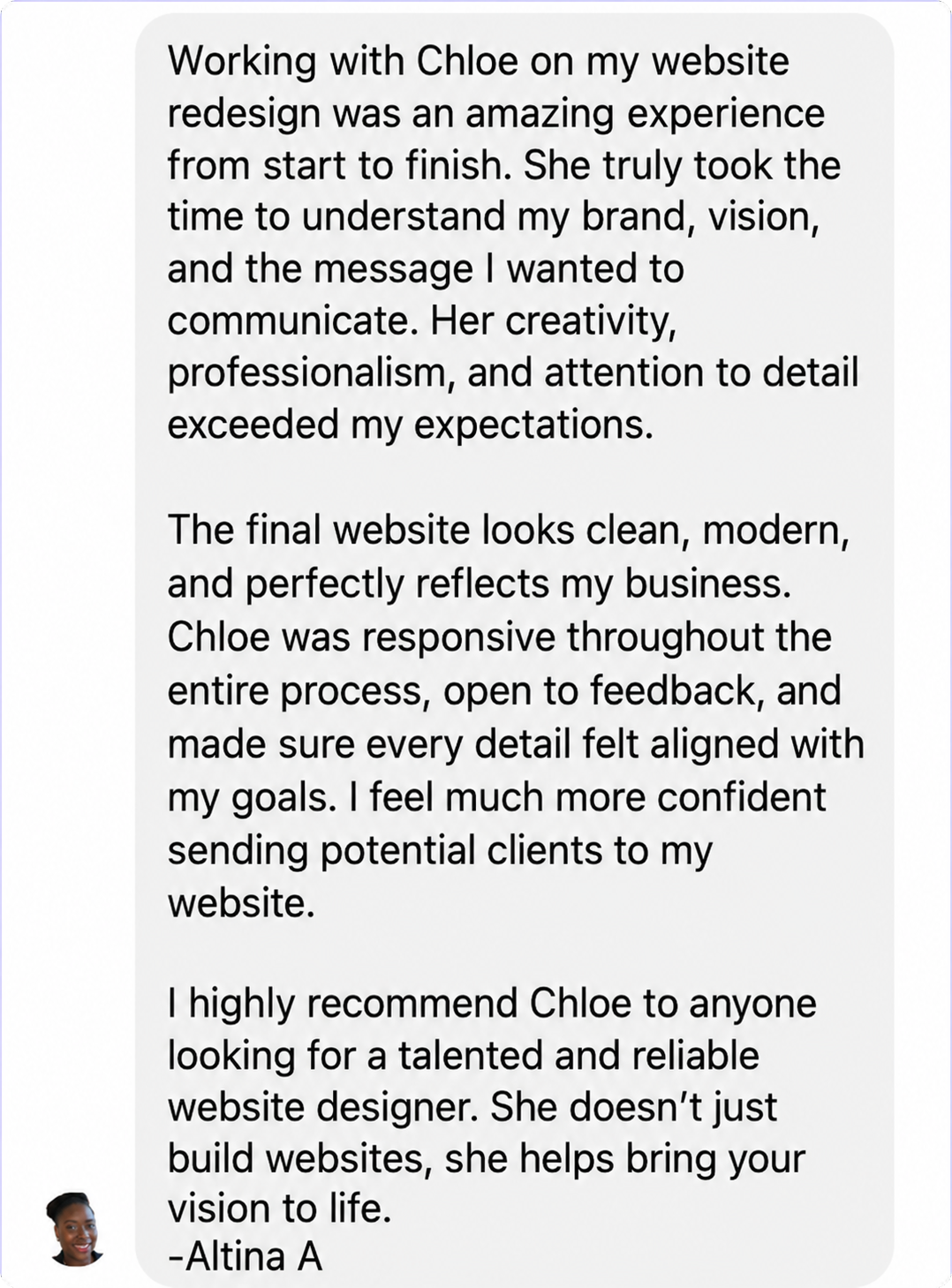 Testimonial for Chloe's website redesign work